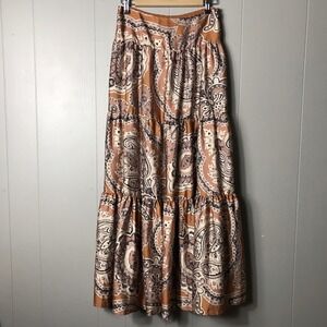 FREE PEOPLE MOONBEAM BROWN PAISLEY TIERED MAXI SKIRT SMOCKED WAIST WOMENS SMALL